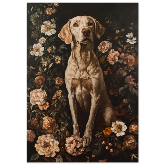 Oljemålning av en beige Weimaraner hund omgiven av vintageblommor på svart bakgrund