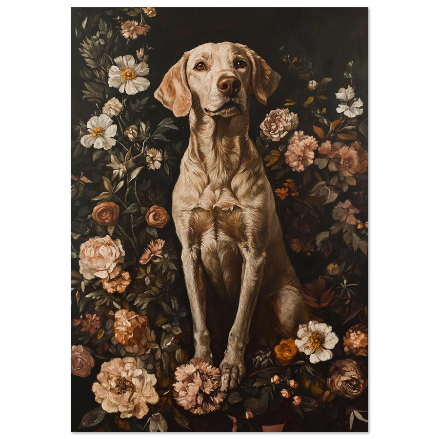 Oljemålning av en beige Weimaraner hund omgiven av vintageblommor på svart bakgrund