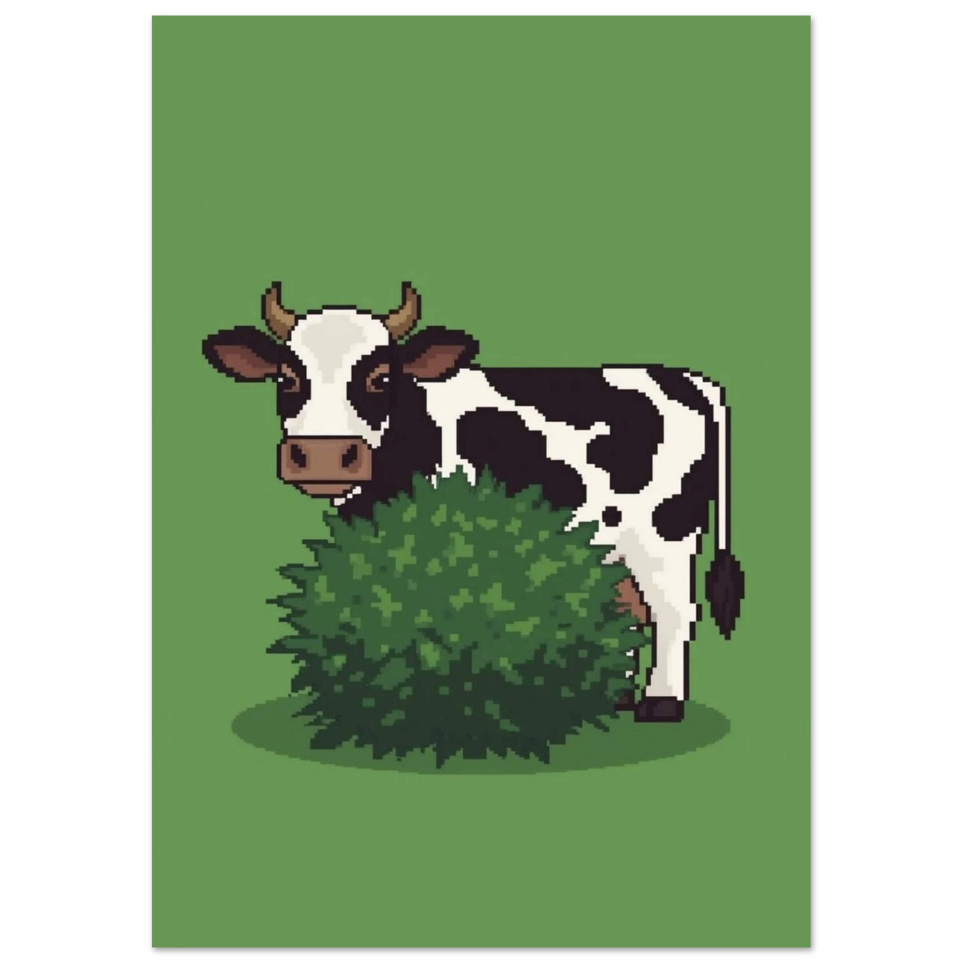 Svartvit ko i pixelgrafik som leker kurragömma, olivgrön bakgrund