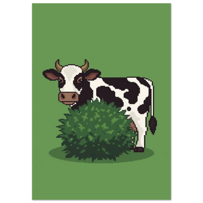 Svartvit ko i pixelgrafik som leker kurragömma, olivgrön bakgrund