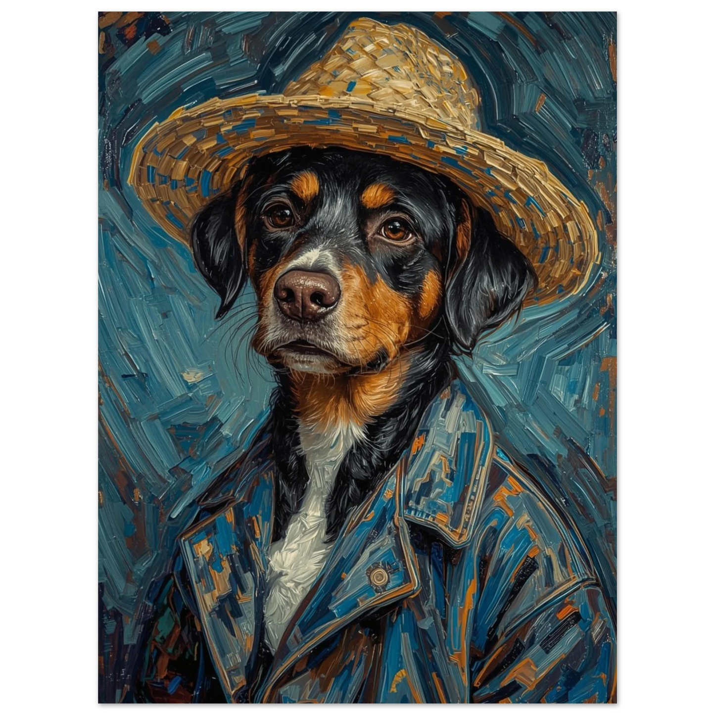 Expressionistisk djurposter med hund i stråhatt och blåa färgtoner