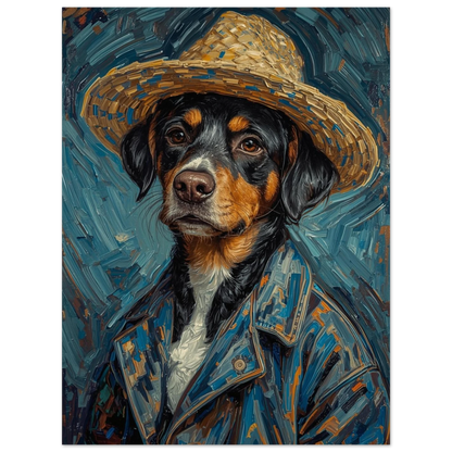 Expressionistisk djurposter med hund i stråhatt och blåa färgtoner
