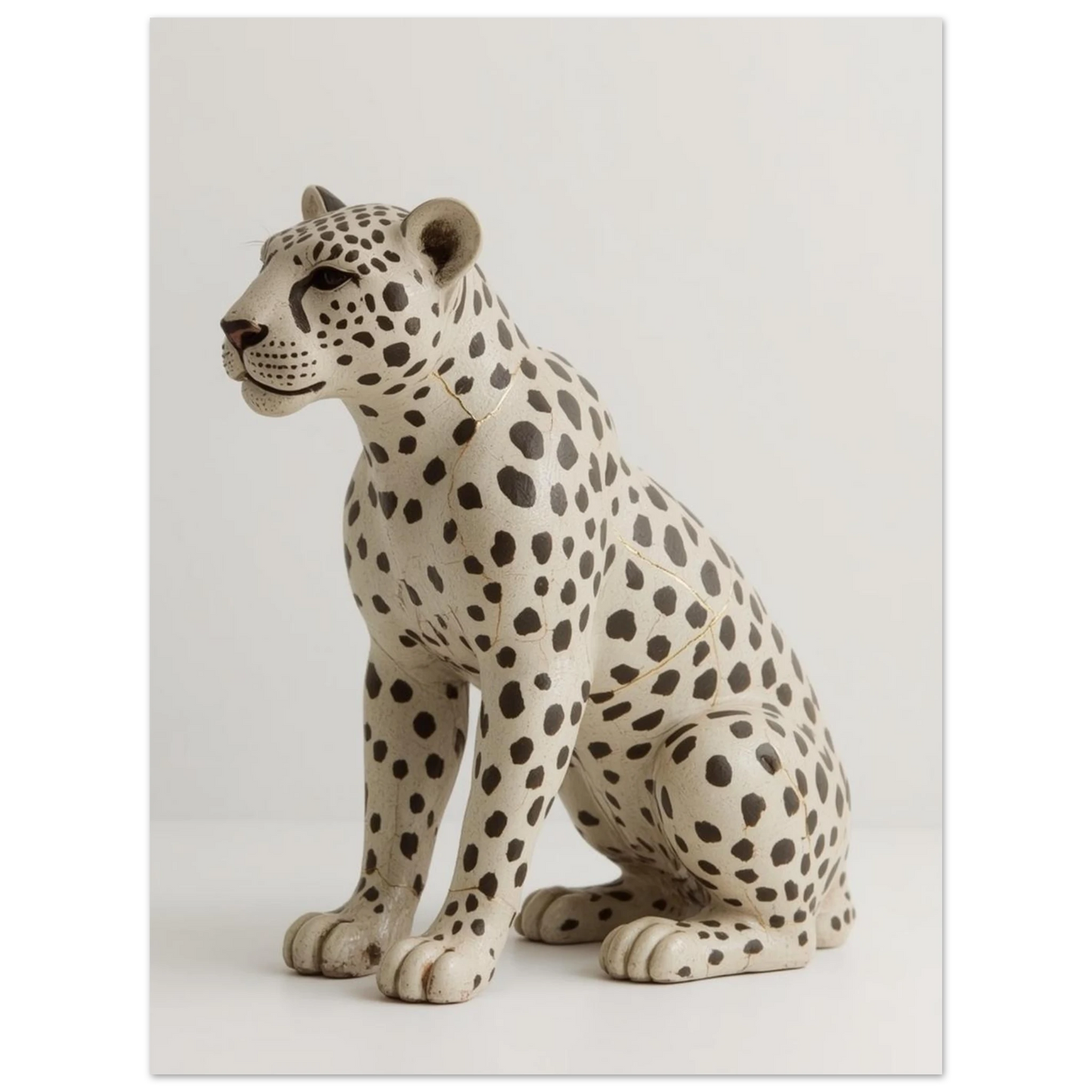 Konstnärlig leopardtavla med krackelerad yta och eleganta mörka fläckar mot vitt