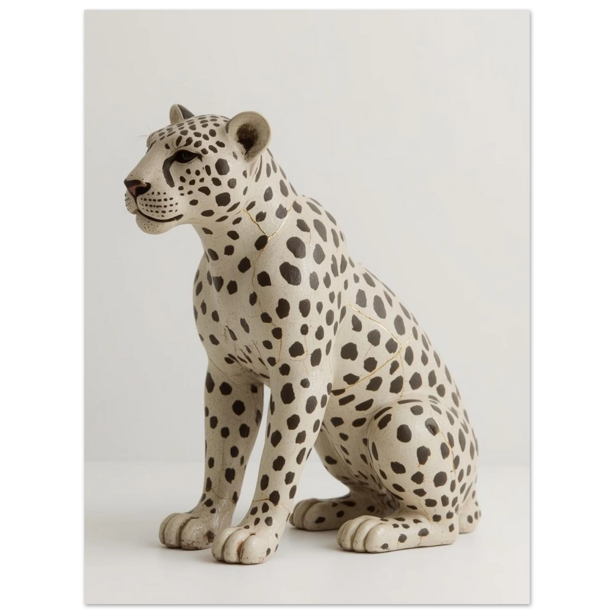 Konstnärlig leopardtavla med krackelerad yta och eleganta mörka fläckar mot vitt