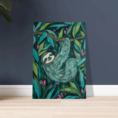 Sengångare i djungel, konstnärlig illustration, lugn stämning, gröna blad
