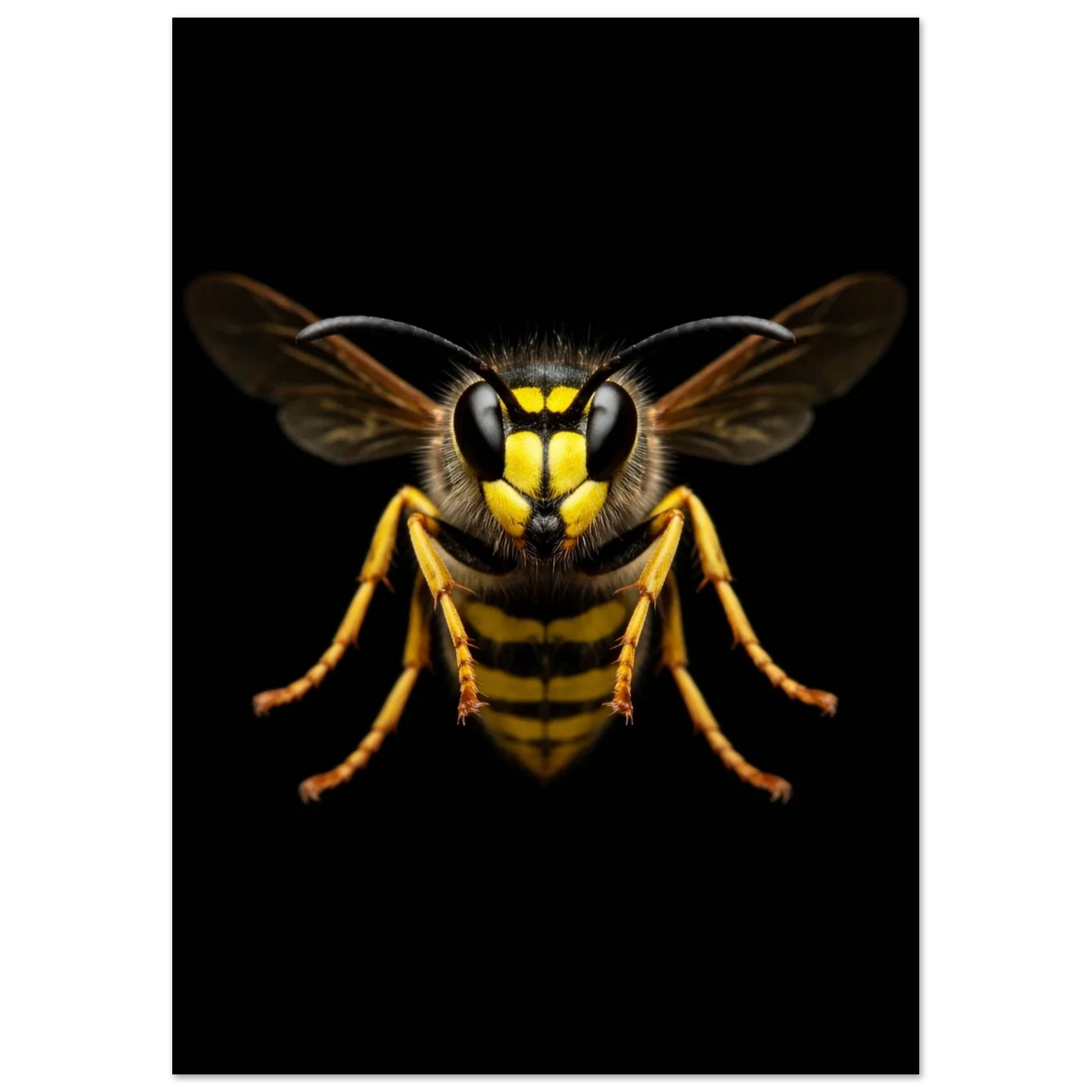 Frontalt makrofoto av en geting med skarpa detaljer på kropp och vingar – Fotorealistisk poster