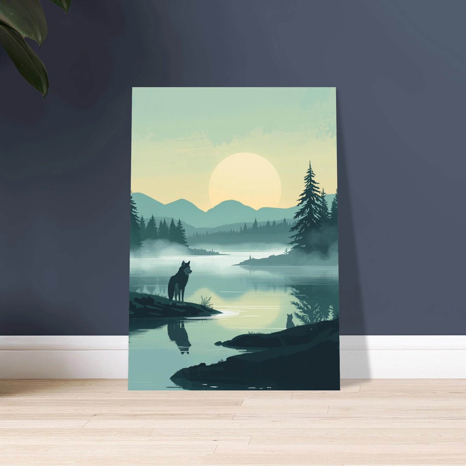 Varg vid sjö i gryningen, Studio Ghibli-inspirerad nordisk fantasy illustration