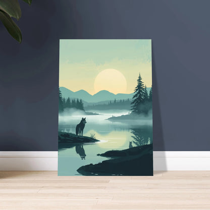 Varg vid sjö i gryningen, Studio Ghibli-inspirerad nordisk fantasy illustration