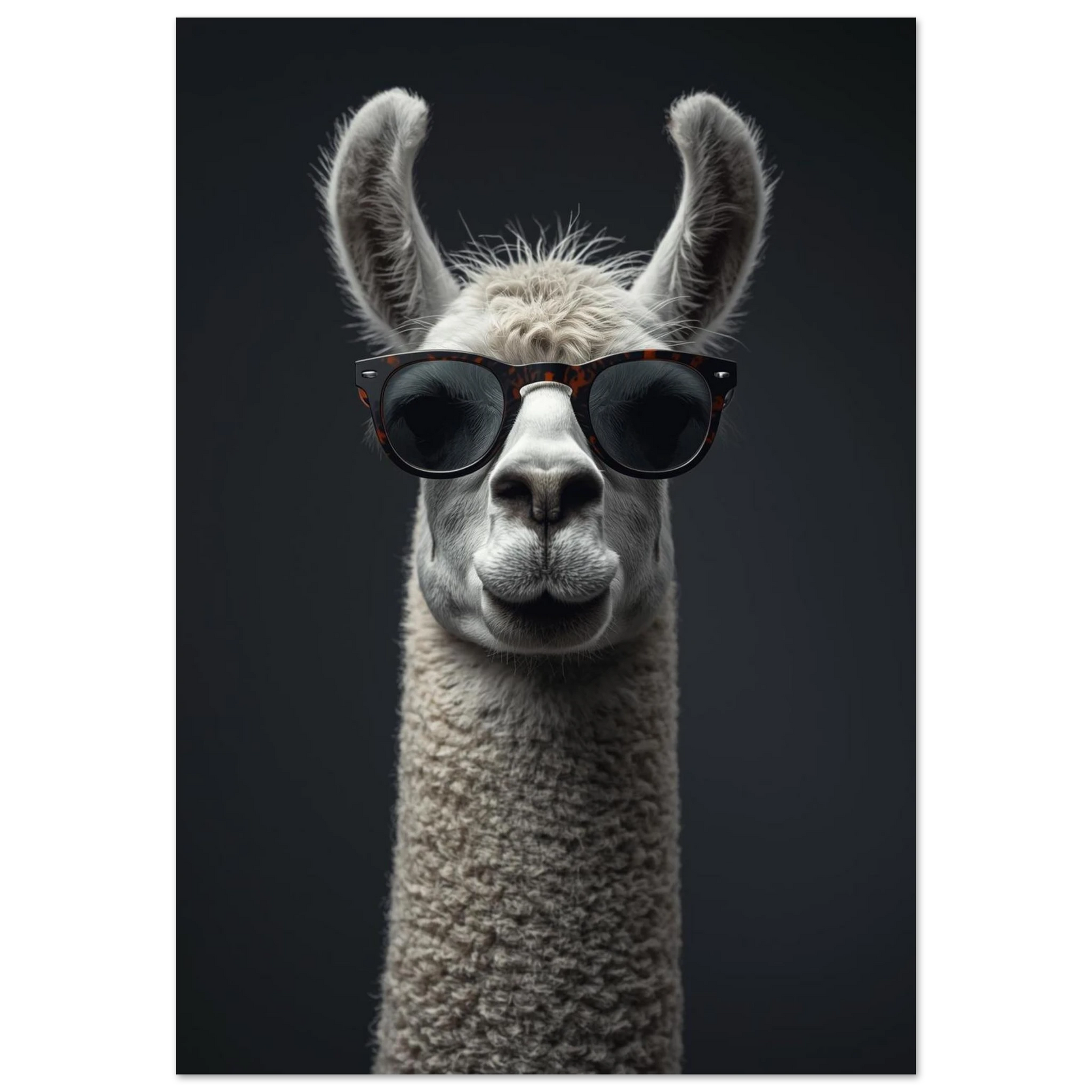 Vit lama med mörka solglasögon mot mörk bakgrund – Fotorealistisk poster