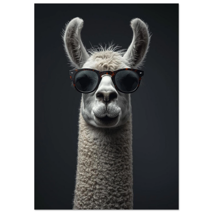 Vit lama med mörka solglasögon mot mörk bakgrund – Fotorealistisk poster