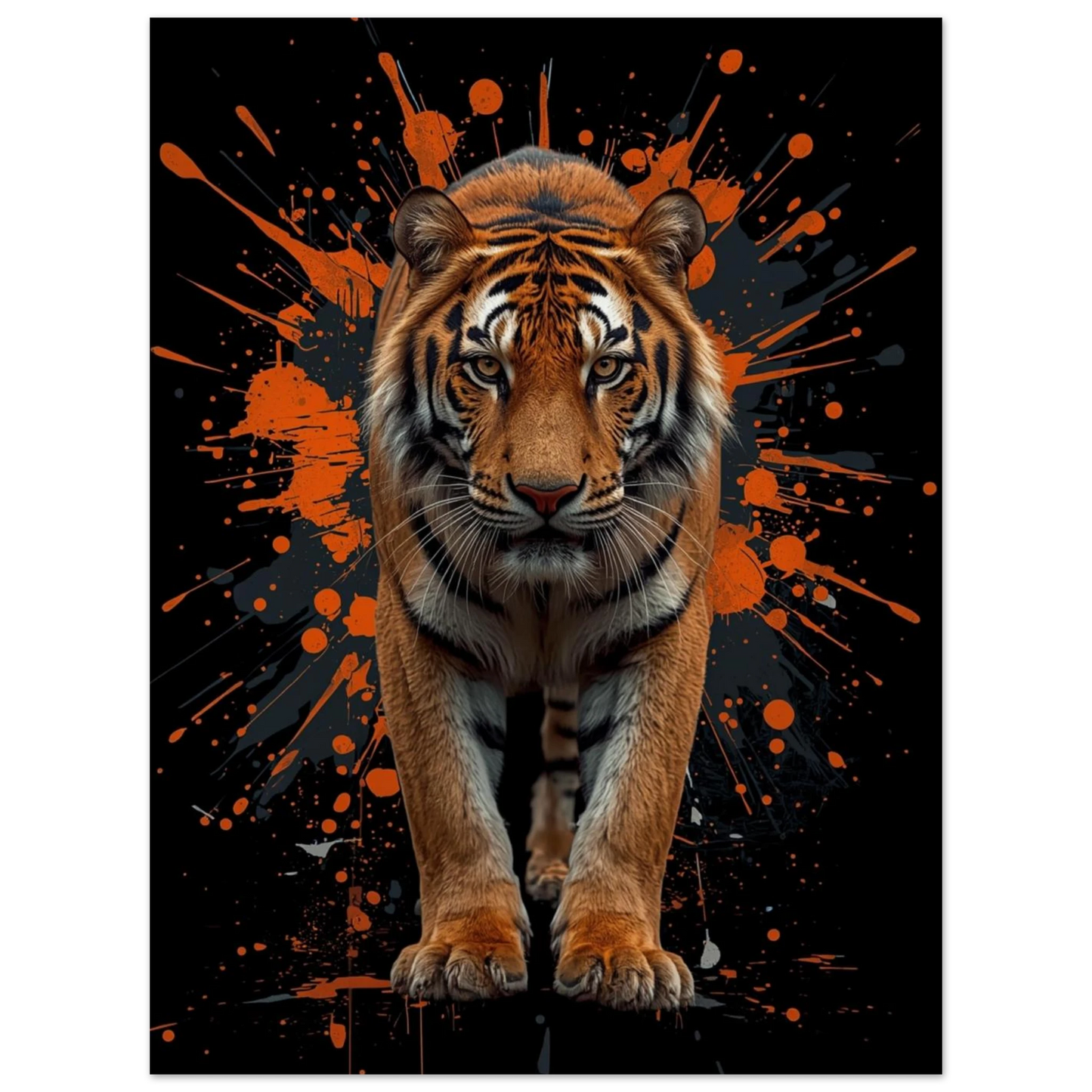 Digital illustration av en tiger som går framåt mot färgstänk – djurmotiv