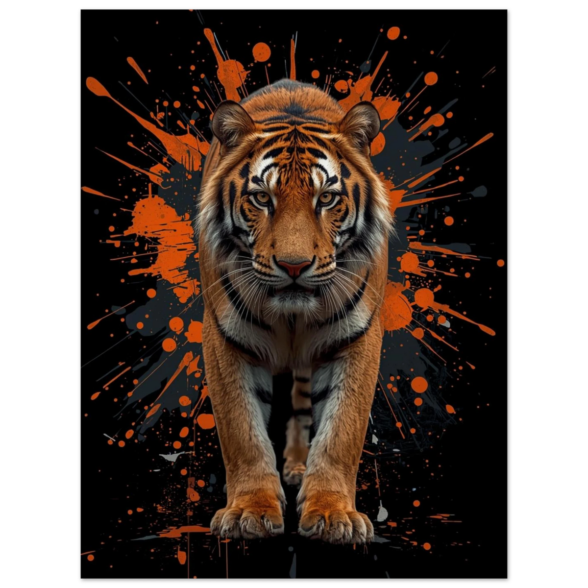 Digital illustration av en tiger som går framåt mot färgstänk – djurmotiv