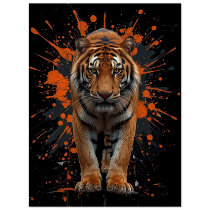 Digital illustration av en tiger som går framåt mot färgstänk – djurmotiv