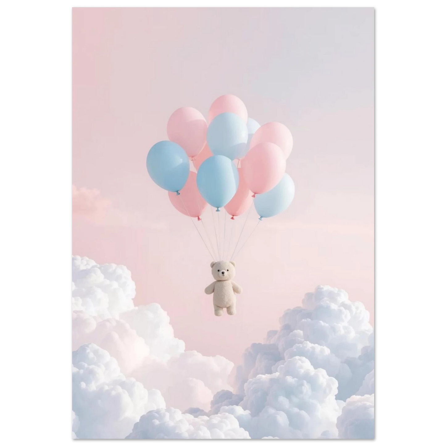 Ljusbeige nallebjörn svävar med rosa och blå ballonger över vita moln
