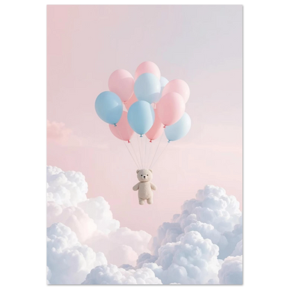 Ljusbeige nallebjörn svävar med rosa och blå ballonger över vita moln