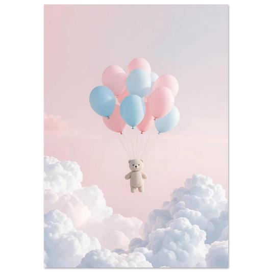 Ljusbeige nallebjörn svävar med rosa och blå ballonger över vita moln