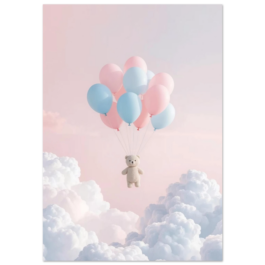 Ljusbeige nallebjörn svävar med rosa och blå ballonger över vita moln