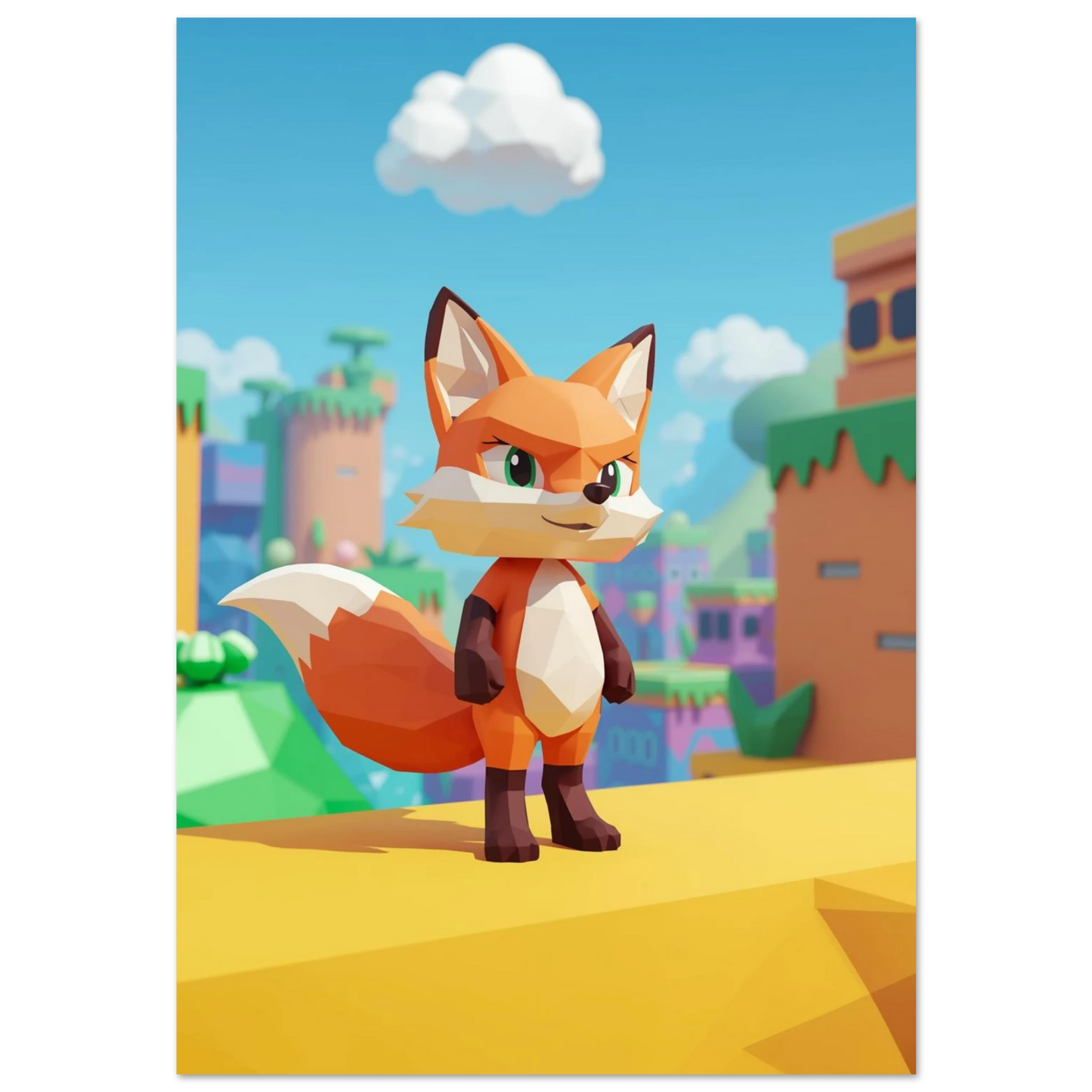 Orange räv i low poly-stil framför ett färgglatt digitalt landskap