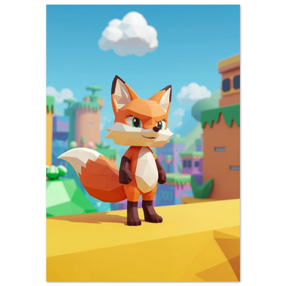 Orange räv i low poly-stil framför ett färgglatt digitalt landskap