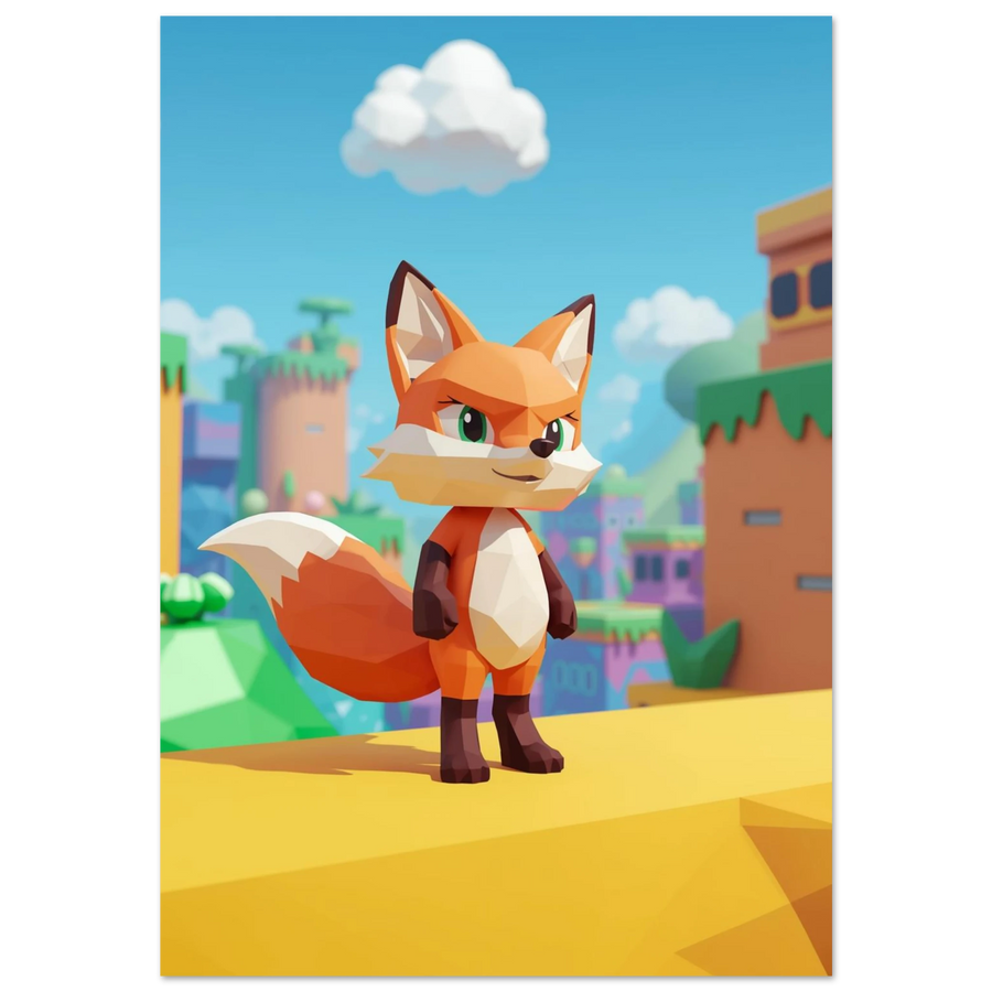Orange räv i low poly-stil framför ett färgglatt digitalt landskap