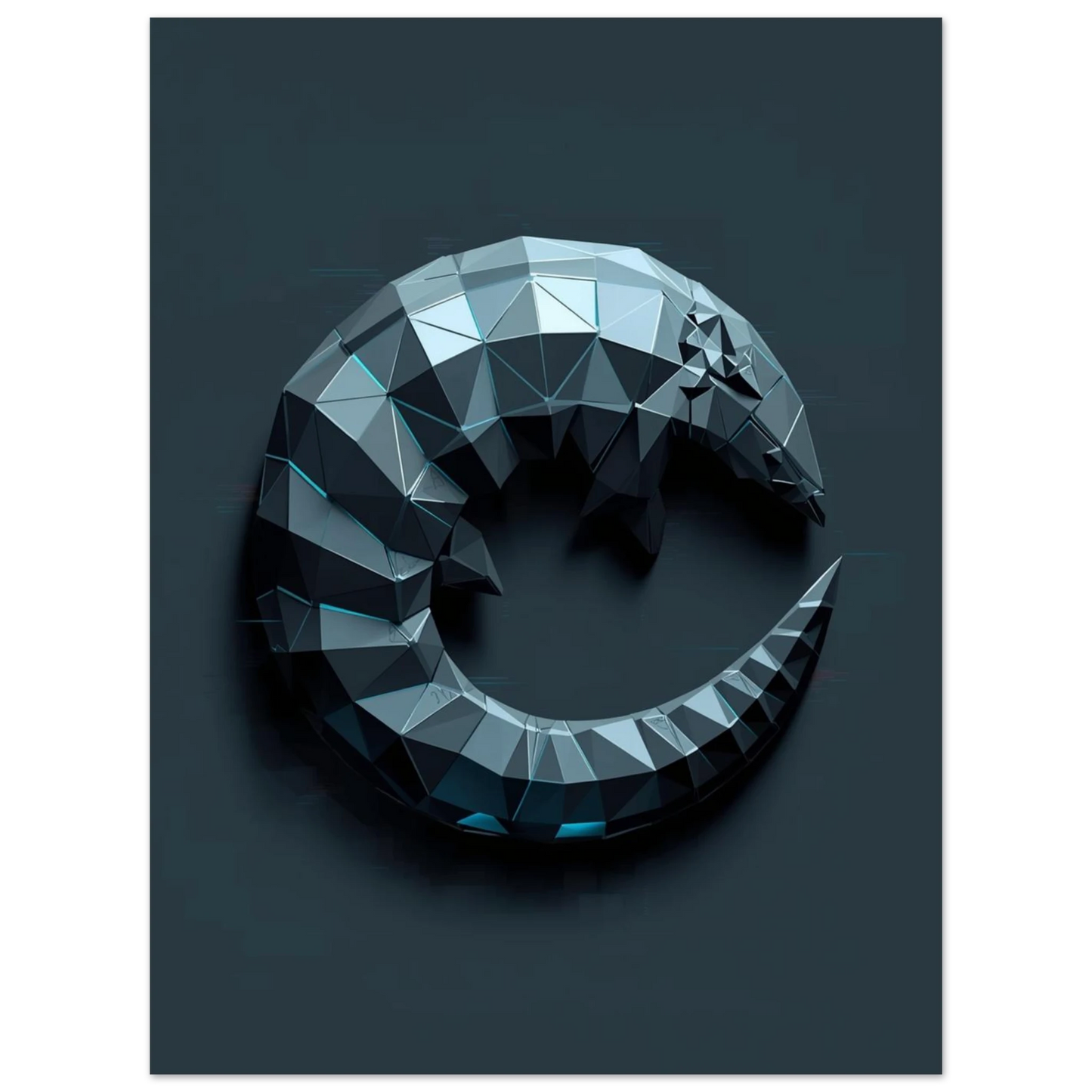 Stiliserad myrkott som en geometrisk skulptur på mörk bakgrund