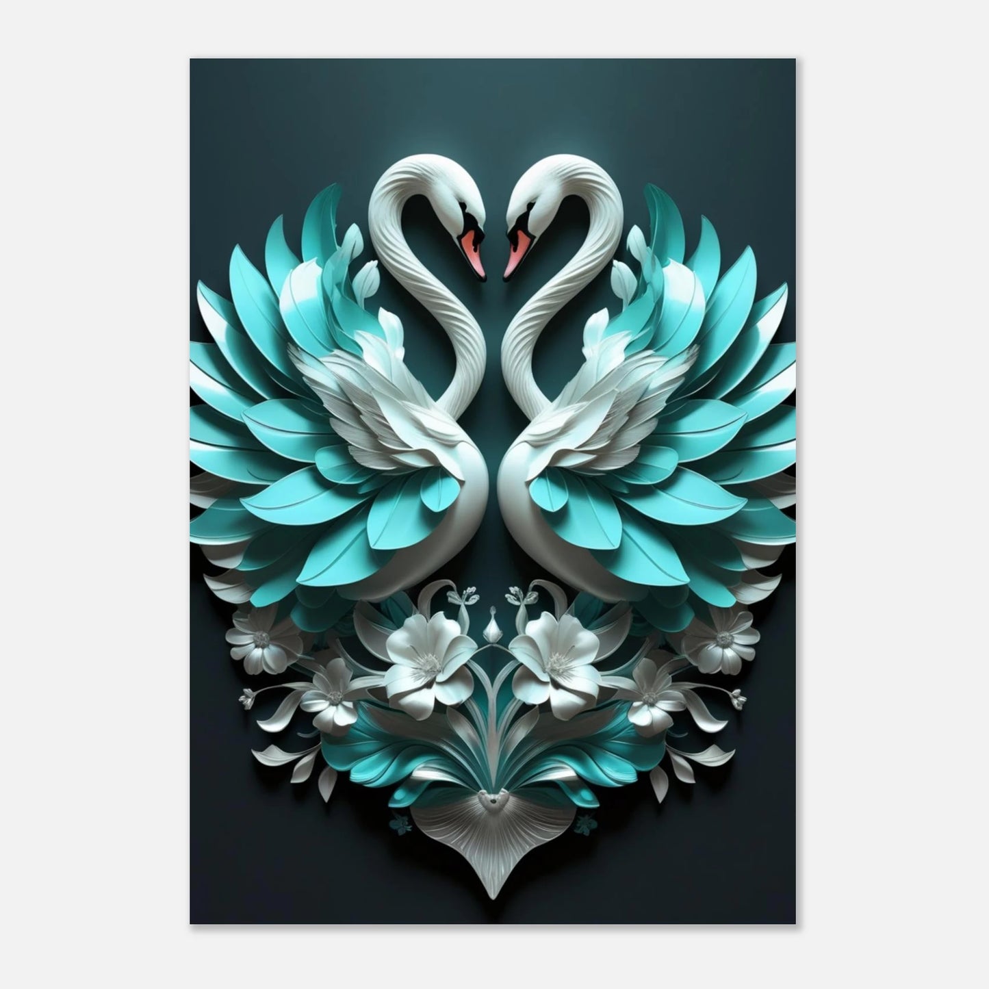 Elegant svanposter med skulpturala detaljer och turkosa färgaccenter på vit bakgrund