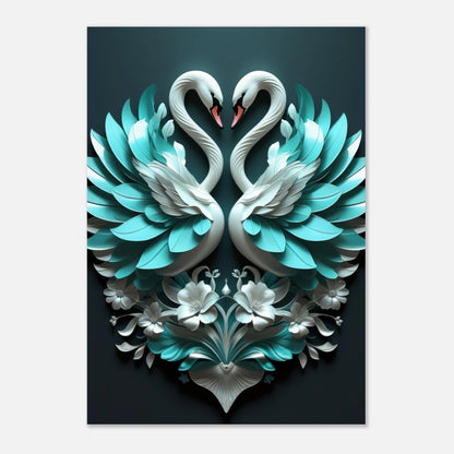 Elegant svanposter med skulpturala detaljer och turkosa färgaccenter på vit bakgrund