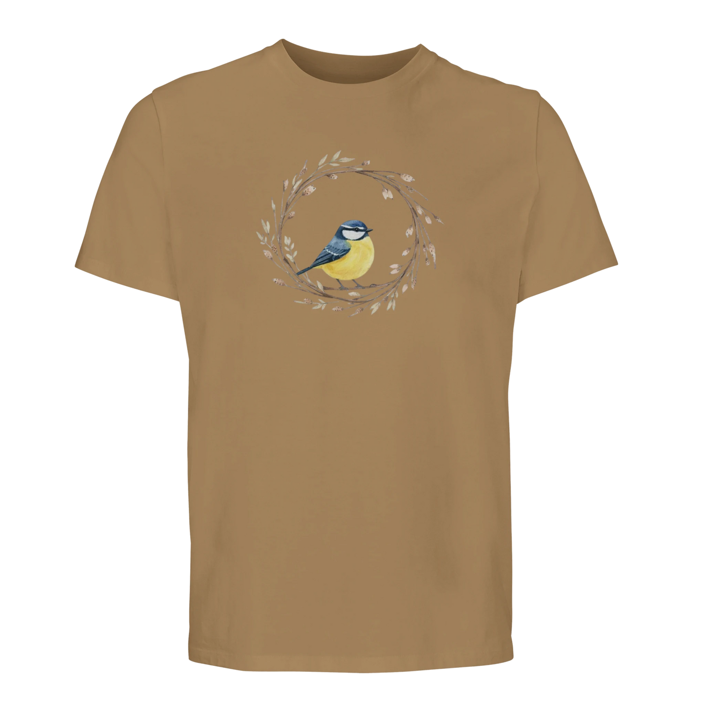Beige t-shirt med detaljrik blåmes i en cirkelformad botanisk krans