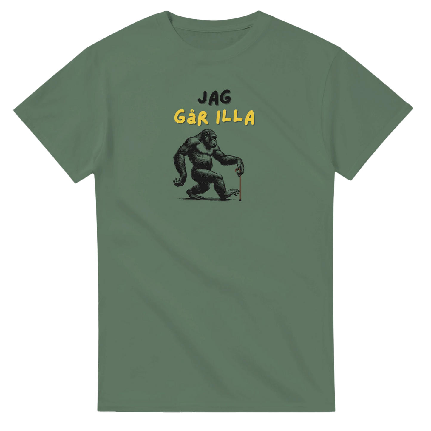 Närbild på tryck med gorilla och texten Jag går illa – Tecknad T-shirt