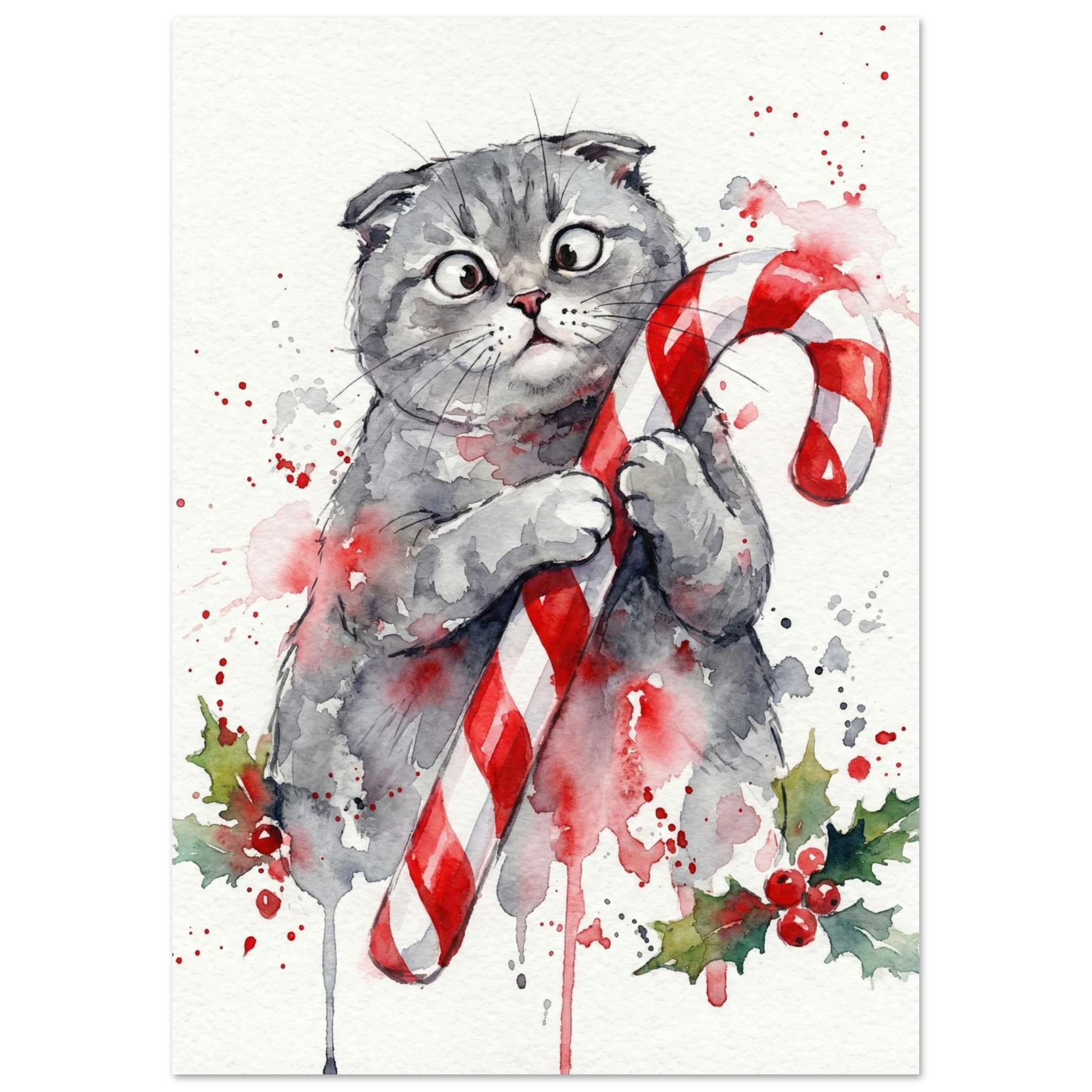 Söt grå kattunge med julgodis i konstnärlig akvarellstil, djurposter