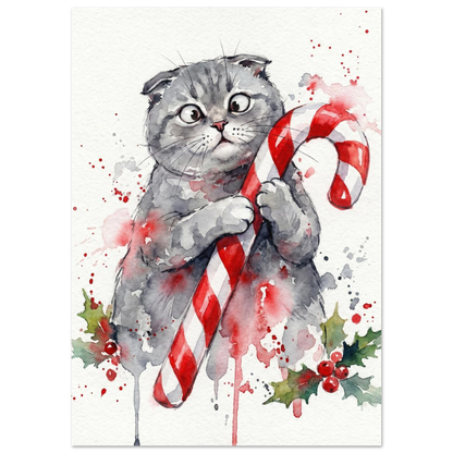 Söt grå kattunge med julgodis i konstnärlig akvarellstil, djurposter