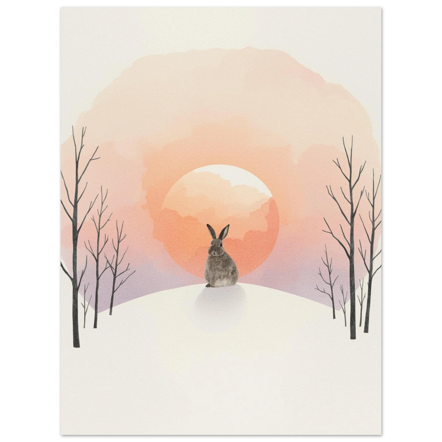 Konstnärlig illustration av en kanin i ett drömskt snölandskap, print