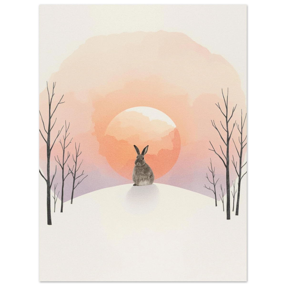 Konstnärlig illustration av en kanin i ett drömskt snölandskap, print