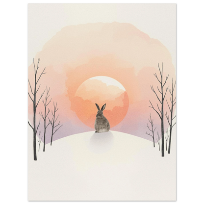 Konstnärlig illustration av en kanin i ett drömskt snölandskap, print