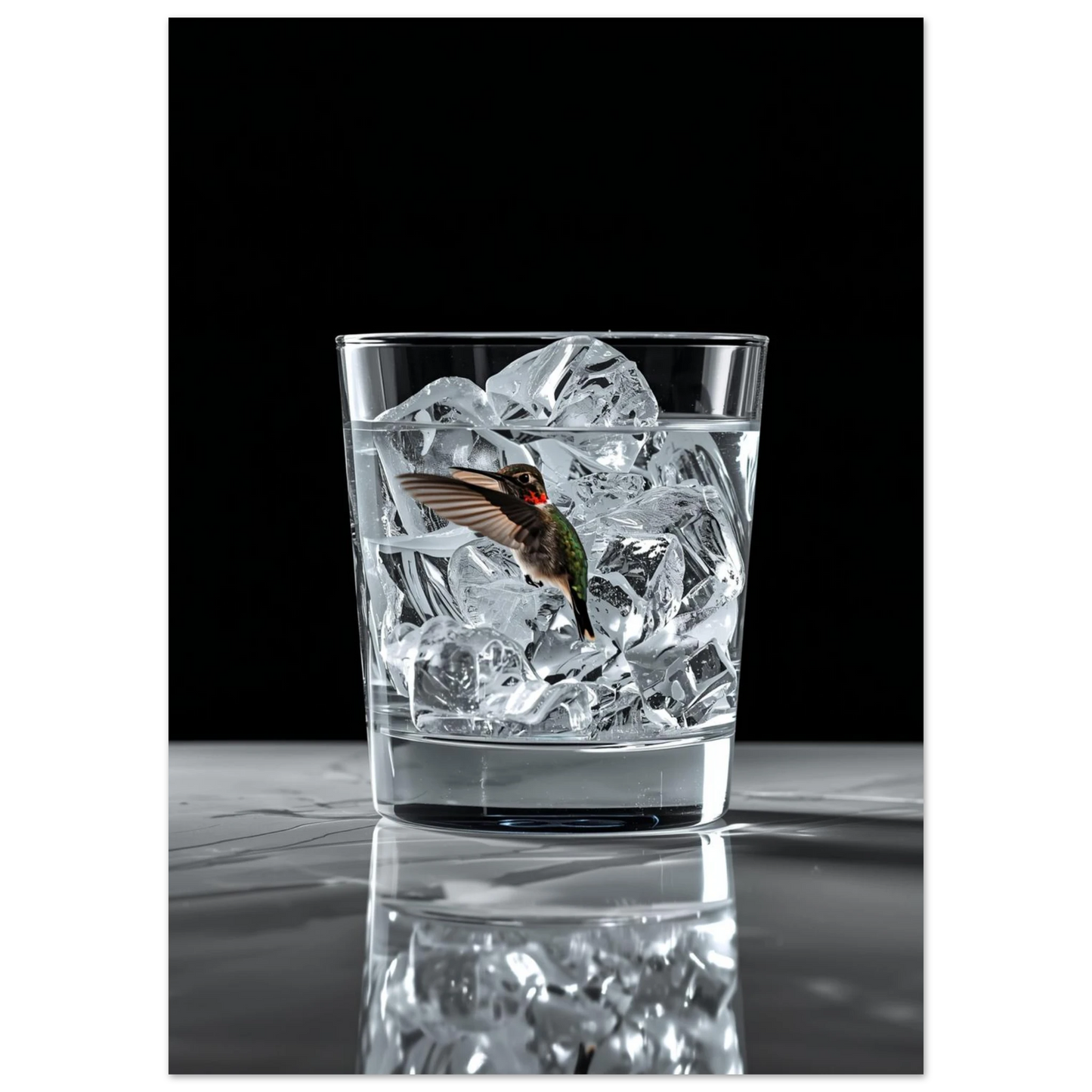 Färgstark kolibri inuti ett drinkglas med is, modern fotokonst poster