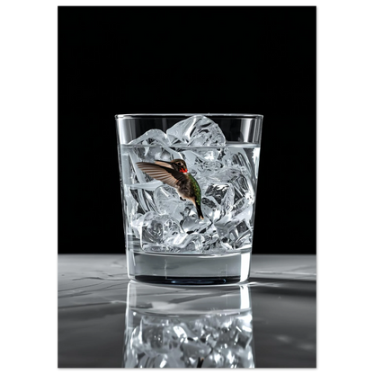 Färgstark kolibri inuti ett drinkglas med is, modern fotokonst poster