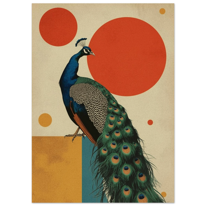 Närbild på en påfågels fjäderdräkt i retrostil med geometriska former – Retro poster