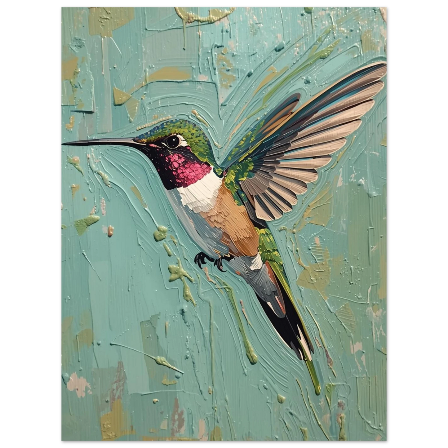 Färgstark fågelposter föreställande en kolibri i rörelse med 3D-effekt