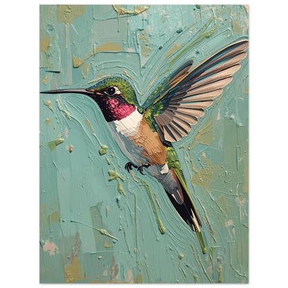 Färgstark fågelposter föreställande en kolibri i rörelse med 3D-effekt