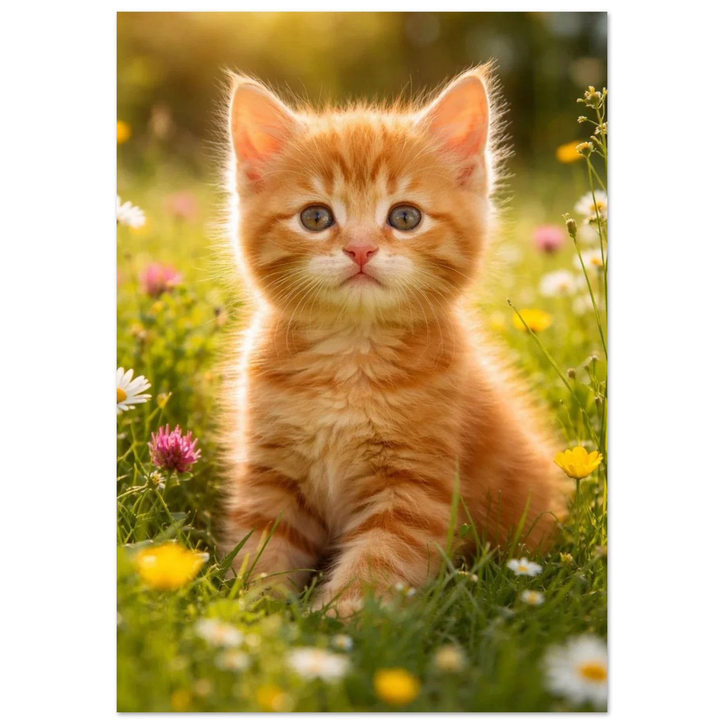 Orange kattunge sitter i ett blommande sommarfält, framifrån – Fotorealistisk poster