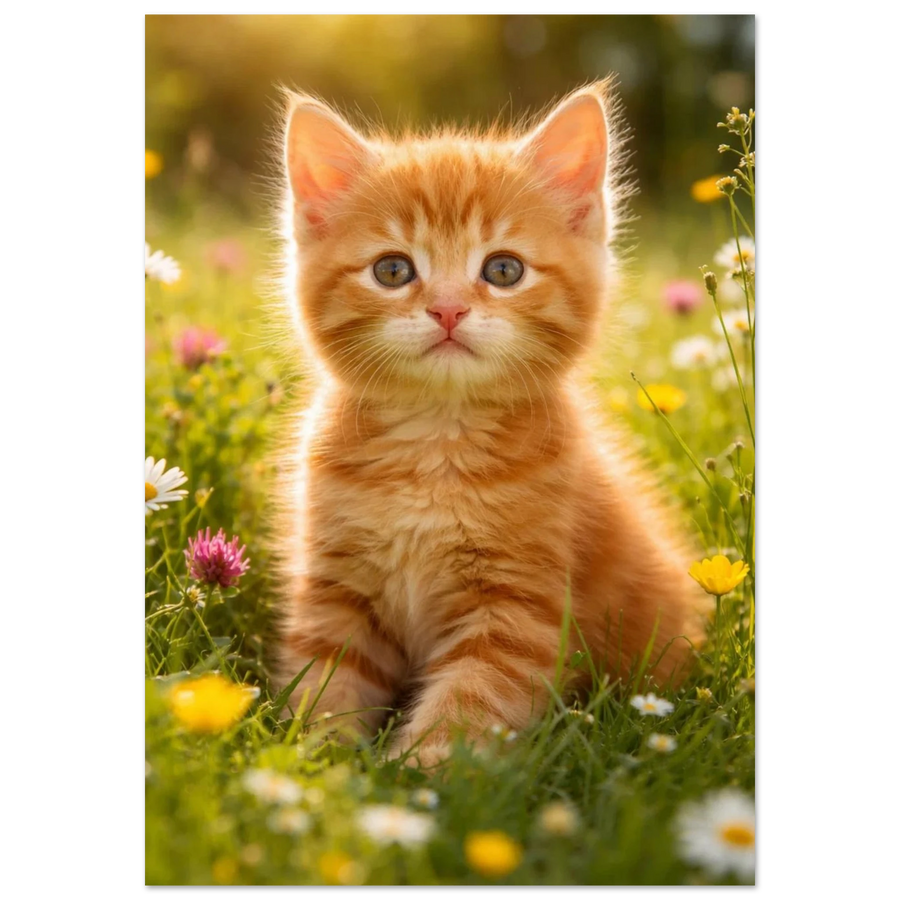 Orange kattunge sitter i ett blommande sommarfält, framifrån – Fotorealistisk poster