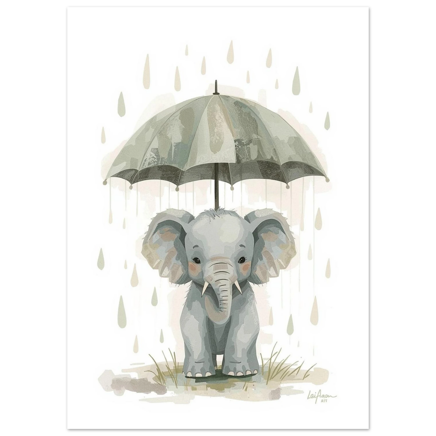 Söt elefant med paraply och fallande regndroppar – barnposter i grått