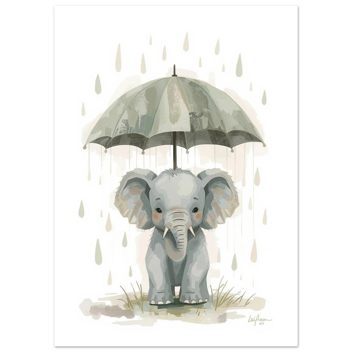Söt elefant med paraply och fallande regndroppar – barnposter i grått
