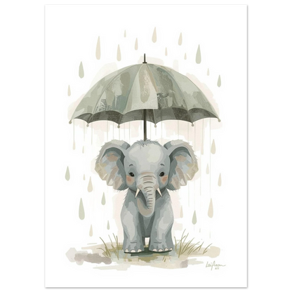Söt elefant med paraply och fallande regndroppar – barnposter i grått