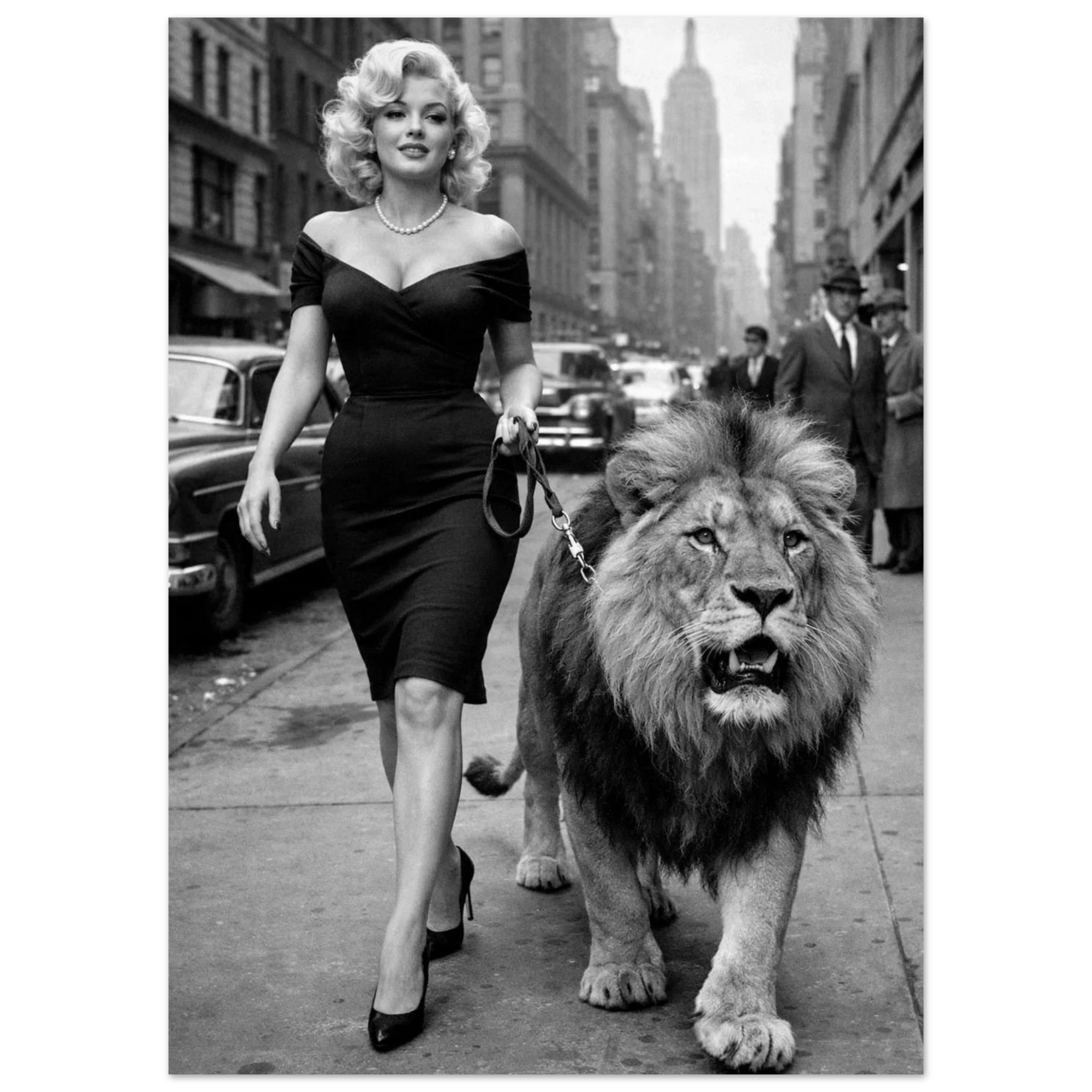 Snygg svartvit poster i vintage modefotostil med ett lejon mitt i city – Retro poster