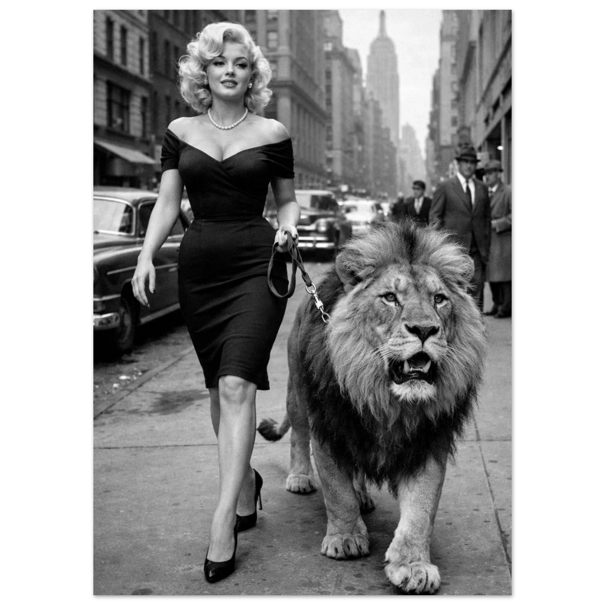 Snygg svartvit poster i vintage modefotostil med ett lejon mitt i city – Retro poster