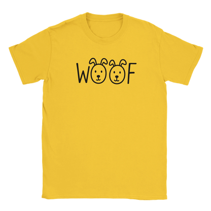 Närbild på minimalistiskt WOOF-tryck med hundöron och nosar – Tecknad T-shirt
