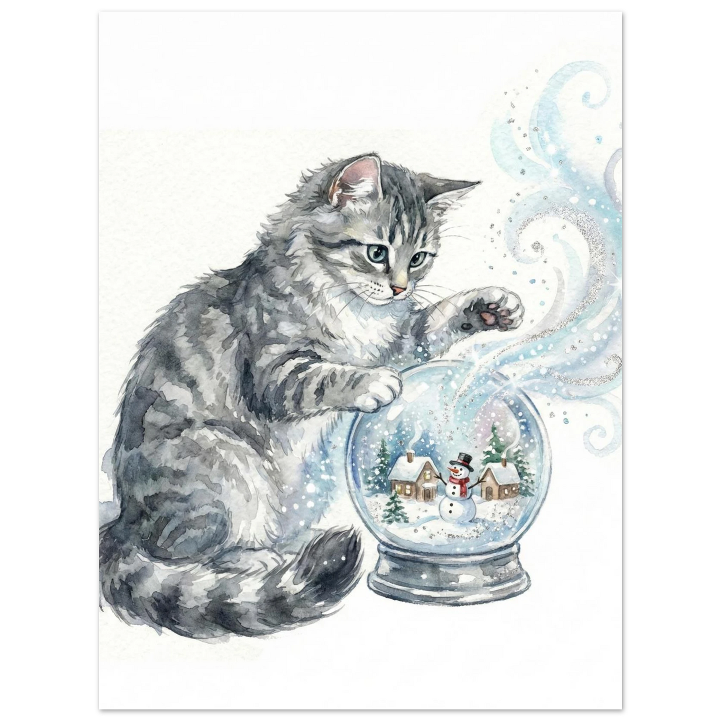 Lekfull katt som rör vid en magisk snöglob, handmålad illustration för barnrum