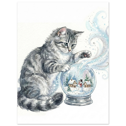 Lekfull katt som rör vid en magisk snöglob, handmålad illustration för barnrum