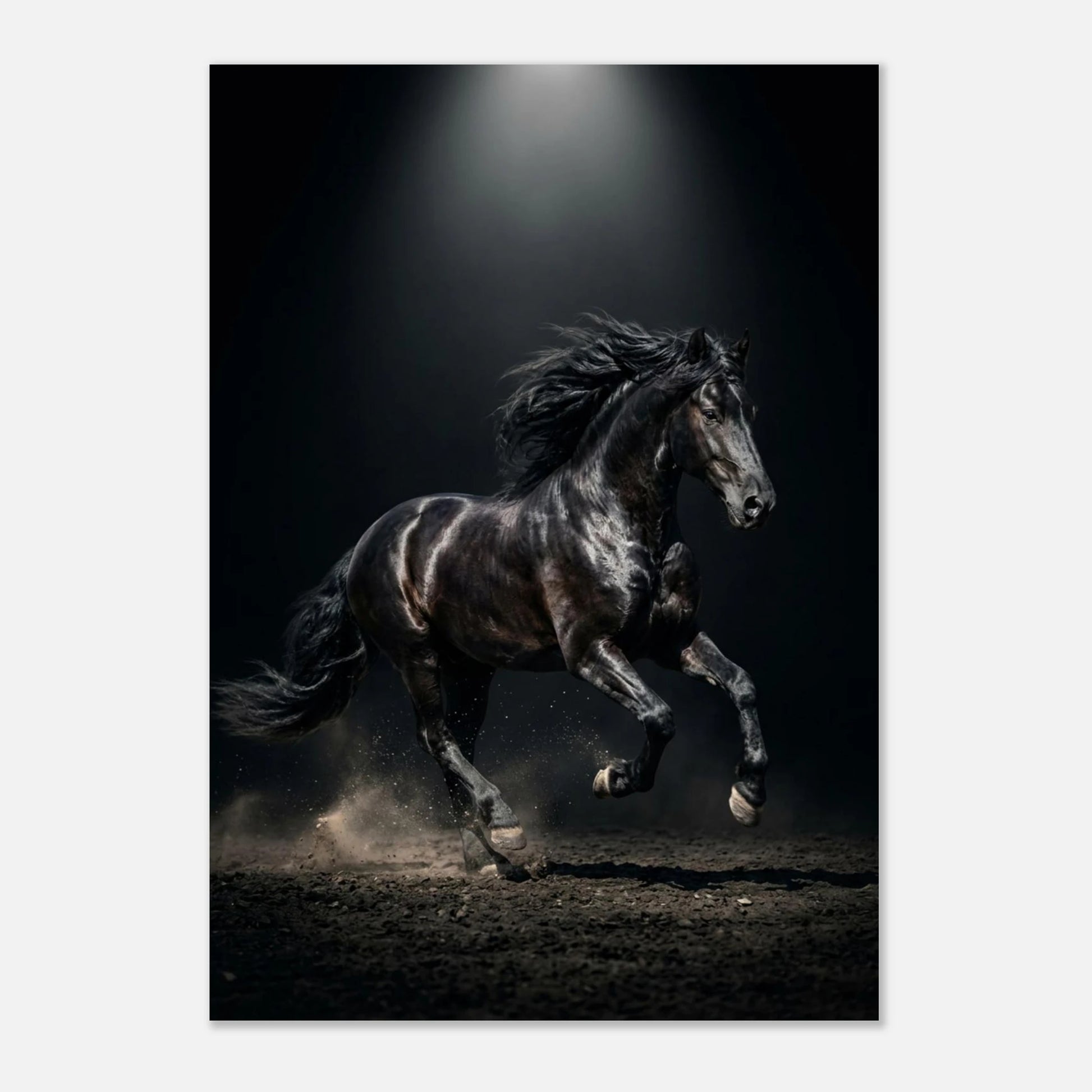 Svart häst i full galopp, manen flödar, dramatisk belysning, kraftfullt djurmotiv.